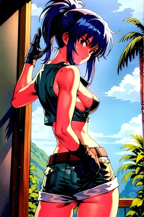 masterpiece, best quality, anime 1990s (style, leona heidern,  no bra, fully open vest, thong ,jungle, pony tail, wet, serious, gloves, , sleeveless, belt, touching hair, dirty.