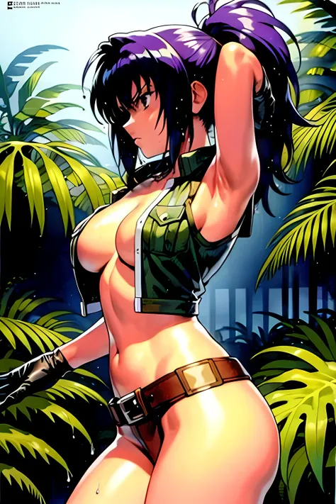 masterpiece, best quality, anime 1990s (style, leona heidern,  no bra, fully open vest, thong ,jungle, pony tail, wet, serious, gloves, , sleeveless, belt, touching hair, dirty.