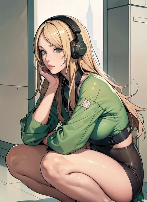 (masterpiece), (best quality, highres, highly-detailed, illustration), 1girl, solo, city, contemporary, blonde beige long hair, green eyes, beautiful detailed eyes, squatting, headphones, 8k, trending on ArtStation, featured on Pixiv