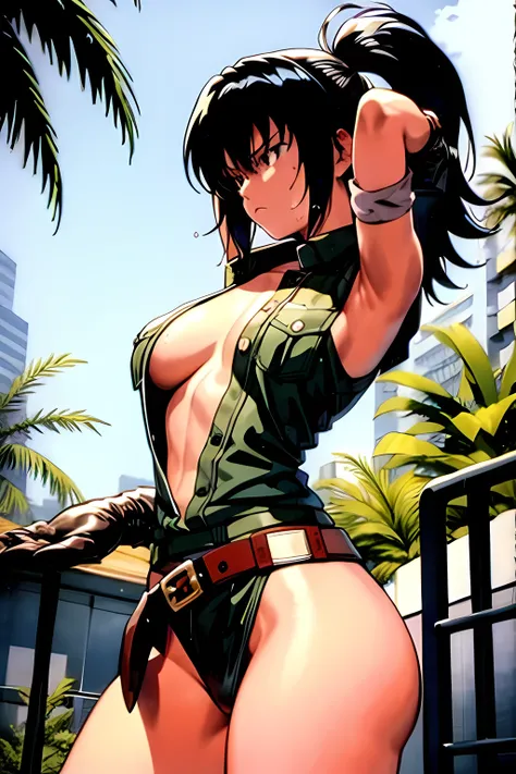 masterpiece, best quality, anime 1990s (style, leona heidern,  no bra, fully open vest, thong ,jungle, pony tail, wet, serious, gloves, , sleeveless, belt, touching hair, dirty.