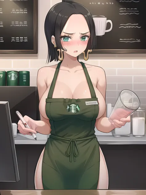 1girl, masterpiece, high quality, in starbucks, in modern coffee shop, boa hancock, jewelry, earrings, meme_iced_latte_with_breast_milk_ownwaifu, apron, green apron, large breasts, blush, shy, naughty, seductive, rounded breasts, looking at viewer,