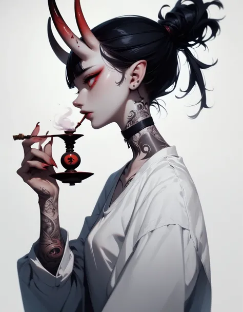 (score_9, score_8_up, score_7_up), zPDXL, 1 girl, alone, profile, pensive look, simple background, dark room, sitting on a chair, snake eyes, upper body, tied hair, black hair, simple clothes, horns, white shirt, holding incense, tattoos, incense releasing...