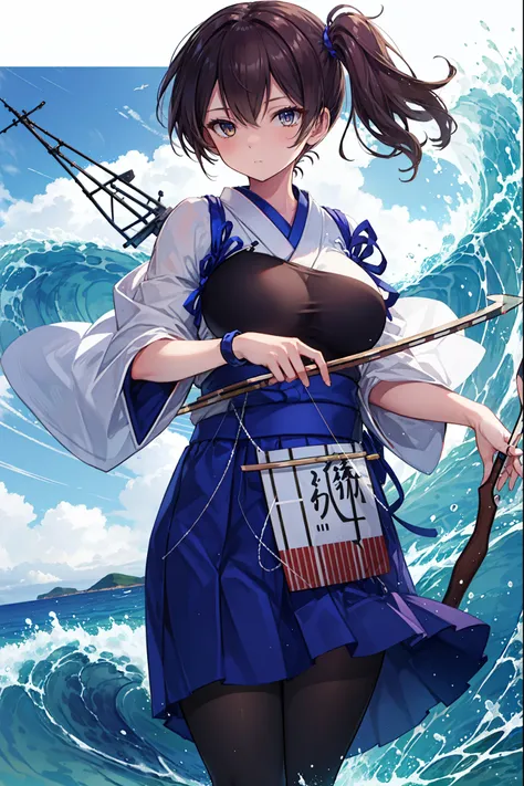 Kaga(Fleet Collection),highest quality, masterpiece, High resolution,kimono,blue skirt,side ponytail,big_breasts,solo,Japanese_bow&arrow,dynamic_posing,half_eyes,solo,plump,sea_landscape_background,waves