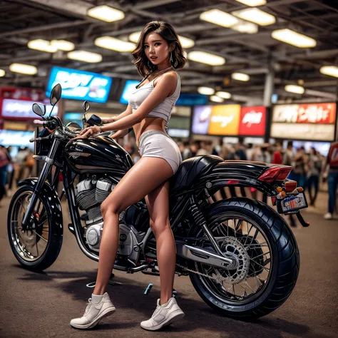 (ExtremelyDetailed((Song Joo A))) clearly visible the shape of Butt, Radiant Ivory Skin with Transparency, motor cycle event girls in sexy costume, Detailed Clothing texture, Full of (motor cycle) . (Full body shot:1.2),Ultra-detailed,grand scale,epic,zoom...