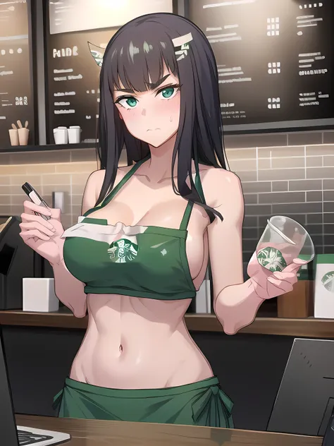 1girl, masterpiece, high quality, in starbucks, in modern coffee shop, meme_iced_latte_with_breast_milk_ownwaifu, green apron, m...