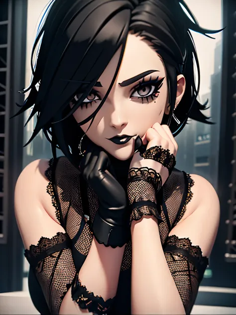 ultra detailed 8k cg, 1girl, blender, black hair, looking at viewer, portrait, goth, goth makeup, black lips, eyeliner, mascara,...