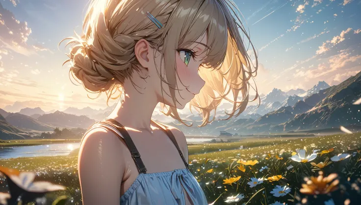 one girl, blonde short hair and bob hair、a braid, I tied my hair in a bun with a hair clip..、smile、beautiful green eyes, gentle smile on her face、flat chest, one Beautiful girl,((masterpiece, illustration, best quality) ((ultra-detailed)), background: Summ...