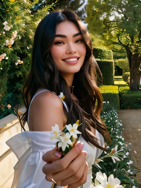 araffed woman holding a piece of fruit in her hand, beautiful and smiling, gemma chan beautiful girl, lovely smile, beautiful smile, pretty smile, charming smile, with a beautifull smile, with flowers, seductive smile, beautiful iranian woman, Madison Beer...