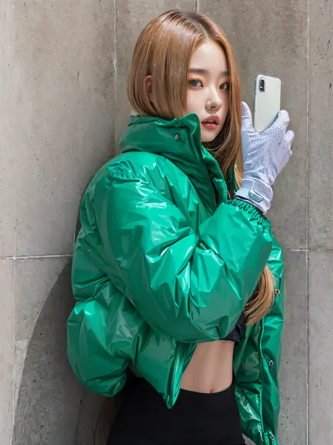 araffe with green jacket and gloves taking a selfie, roseanne park by blackpink, cold as ice! 🧊, jossi de blackpink, future infl...