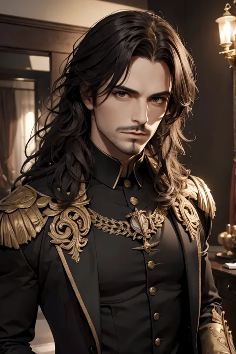 (neocruz), (Best Quality,4k,hight resolution:1.2),Ultra-detailed,Realistic,Portrait,Black & Gold Palette,Long flowing golden hairstyle, ((Red detailed eyes)), Vampire Liquids,radiant lighting,Detailed facial features,Dark background,Single man,in a black s...