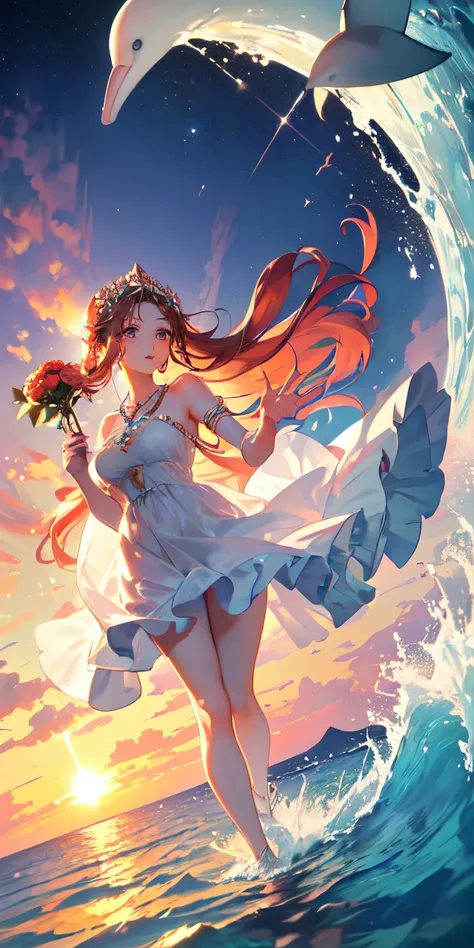 (anime art of Aphrodite, the ancient Greek goddess of love, beauty, and desire, emerging from the frothy sea on a seashell chariot drawn by a pair of graceful dolphins. The shell is a masterpiece of iridescent mother-of-pearl, reflecting the soft hues of t...