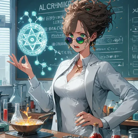 a very beautiful woman , random hair style, form-fitting suit, white lab coat, sunglasses, green eyes, in a laboratory, chemicals on the table, boiling potions, wearing sun glasses, she has the super power alchemize, she can turn wood to metal, and rubber ...