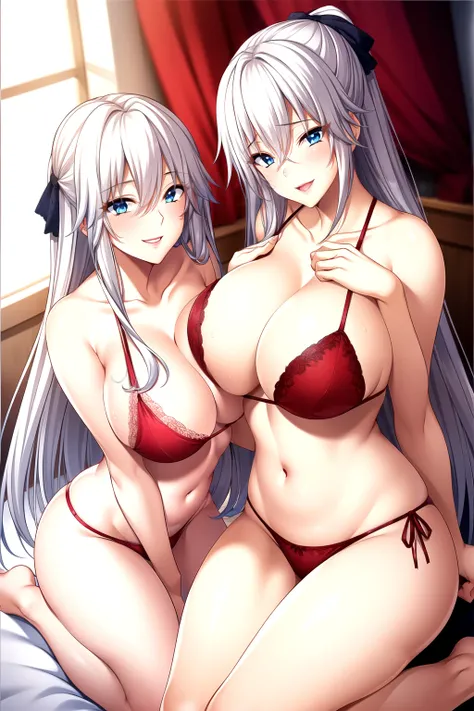 mother and daughter，light smooth skin, light red bra, light red lace, light red underwear,full body pictures, white hair,blue ey...