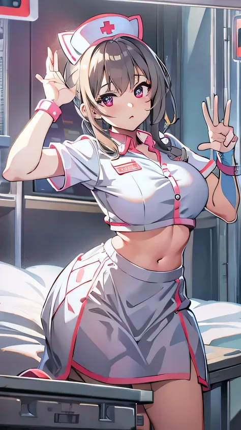 Highest quality, Unreal Engine, Ultra-high resolution, nurse, Reaching out to touch the viewer&#39;s forehead, Hospital bed, Sparkling Eyes, Natural Lip, Beautiful breasts, Skirt length above the knee