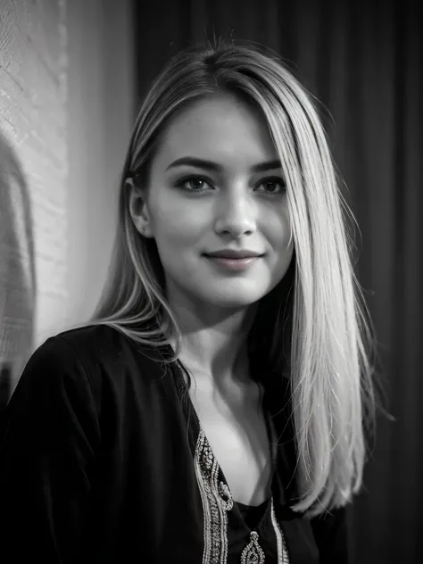 monochrome, Black and White Photography, portrait , Front view, 1941 years, June, WW2, Russian girl is 20 years-old, (Blond hair, middle hair , wince, Gray eyes, beautiful lip, smile),