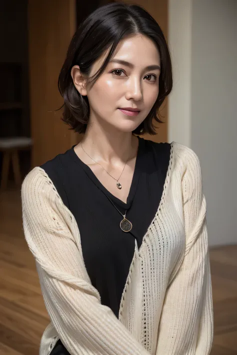 (In 8K, Highest quality, masterpiece:1.2), (Realistic, Photorealistic:1.37), Ultra-detailed, Natural light, , 1 person, 45-year-old woman, Black Hair, pendant, Trendy clothes、Less exposure, Highly detailed face and skin, Detailed eyes, Highly detailed face...