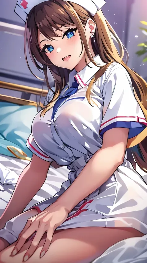 Highest quality, Unreal Engine, Ultra-high resolution, nurse, Hospital bed, Sparkling Eyes, Natural Lip, Beautiful breasts, Skirt length above the knee, Random sexy poses,((Beautiful fingers)),((10 fingers))