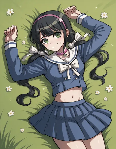 chabashira tenko, black hair, low twintails, long twintails, green eyes, hair bow, green bow, pink hairband, tall,
school uniform, blue shirt, serafuku, bowtie, long sleeves, midriff, blue skirt,
pink choker, neck bell,  solo, 1girl, high quality, solo, ly...