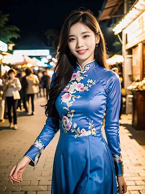 (a beautiful Chinese lady, age 18, Vietnamese traditional blue dress Ao Dai, walking in Hanoi night market, friendly expression, dimpled smile, cute snaggle-tooth, beautiful detailed face, beautiful detailed eyes, ample round bosom, photorealistic, hyper-...