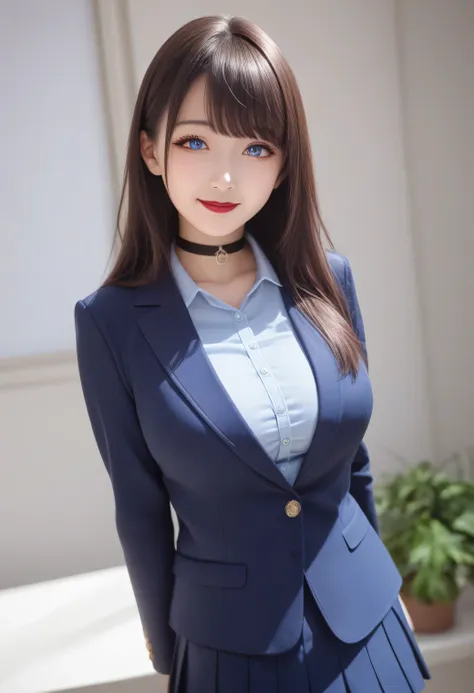 score_8, score_9, Highest quality, masterpiece, Long Hair, Brown Hair, sexy, girl, Sisters, ((Light blue tight shirt、Navy blue blazer、Flared mini skirt))，Cowboy Shot:1.３， Adorable， smile， Slim face, The body is slim，Perfect hands，Black choker、blue eyes、ban...