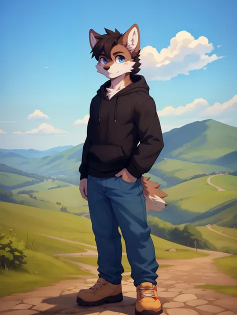 (cafesoda:1.1), zorro,  blue pants, sky blue eyes, multicolored fur, White skin, dark brown fur, black fur, wearing a hoodie, Alone, posing on a green hill with a small town behind in the distance. old photography
