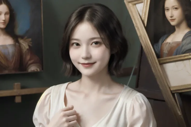 262 20-year-old female,(Short Hair 46),(Genuine,chest:1.5),Old-fashioned smile,(Paintings by Leonardo da Vinci),flower