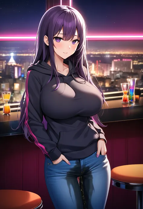 woman, very dark purple hair, purple eyes, long hair, huge breasts, skinny, hourglass figure, stylish hoodie, tight jeans, stand...