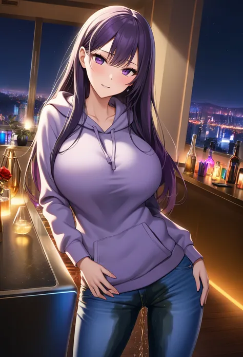 woman, very dark purple hair, purple eyes, long hair, huge breasts, skinny, hourglass figure, stylish hoodie, tight jeans, stand...