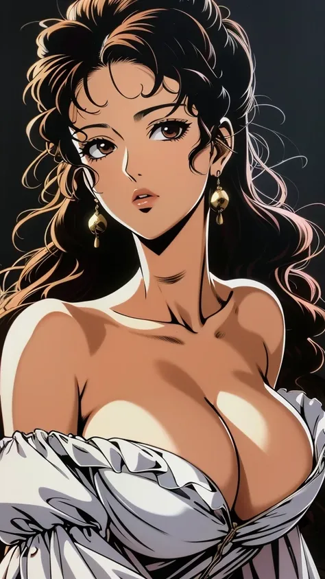 (masterpiece, best quality:1.2), 1girl, solo, anime painting of a woman in a white dress sitting on a bed, by Masamune Shirow, seductive anime girl, manara, style of masamune shirow, anime poster film still portrait, by amano, anime ninja scroll, anime 90s...