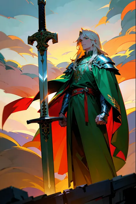 1male, long blond hair, emerald green eyes, wearing a silver armor with intricate tiger patterns, red cape, standing on a castle path, sunset with dramatic clouds, holding a broad sword, masterpiece, 8k.

