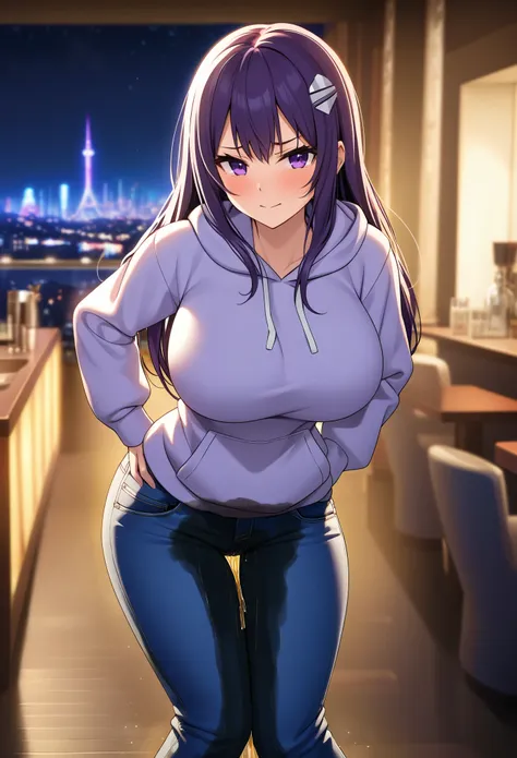 woman, very dark purple hair, purple eyes, long hair, huge breasts, stylish hoodie, tight jeans, standing, (wetting herself:1.5)...