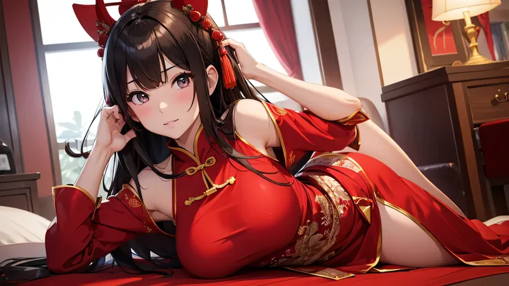 Make a image of girl, dressed in red hot chinese dress,spread ass,medium breasts.