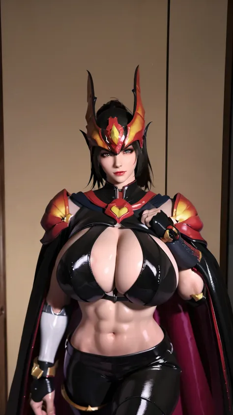 TEKKEN_REINA, CLOSE UP UPPER BODY,SOLO, COWBOY SHOT, ((EVIL DRAGON HORN MECHA HELMET,WHITE HIGHT PONYTAIL HAIR)), (GIGANTIC FAKE BREASTS,CLEAVAGE TOP,11 LINE ABS:1.5), ((WEARING OUTFIT MECHA GOLDEN CRIMSON DARK EVIL DRAGONOID ARMORED, LONG CAPE, SKINTIGHT ...