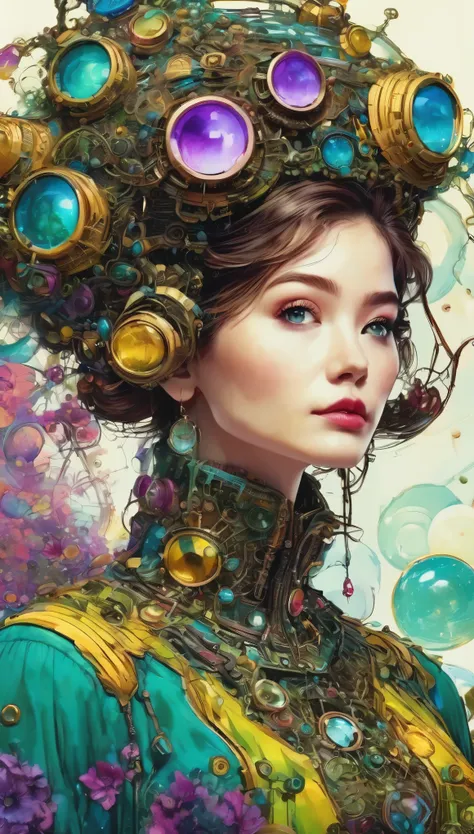 ((pay attention to the shot:1.5, wide shot, full body:1.5)), (1 beautiful girl in technical clothing, mechanical spider, circles, highly detailed face, fractals:1.6),(black outline art) by Yoshitaka Amano,Travis Charest. colors, earth, cyan, yellow, Green....