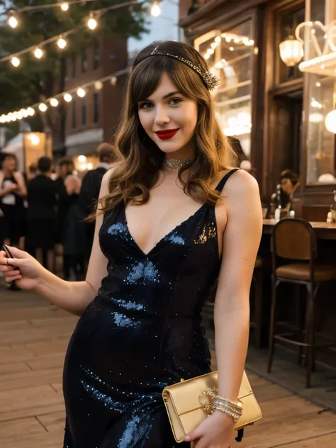 A captivating 25-year-old slightly smiling seductive blond woman stands elegantly on the dance floor at a nostalgic event on Governors Island, where history enthusiasts and vintage culture fans gather to celebrate the Jazz Age. She wears a stunning 1920s t...