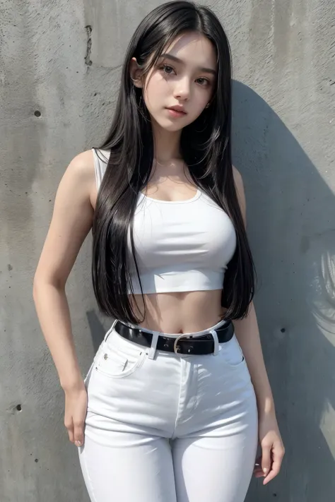 Beautiful 18 year old girl with beautiful long straight black hair wearing a brown cropped blouse and high waisted white jeans with a black cloth belt showing her oblong navel