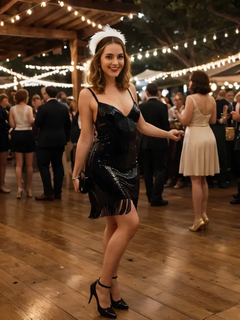 A captivating 25-year-old slightly smiling seductive blond woman stands elegantly on the dance floor at a nostalgic event on Governors Island, where history enthusiasts and vintage culture fans gather to celebrate the Jazz Age. She wears a stunning 1920s t...