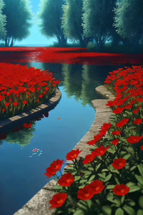  Fairy magical planet, RED FLOWERS water HD