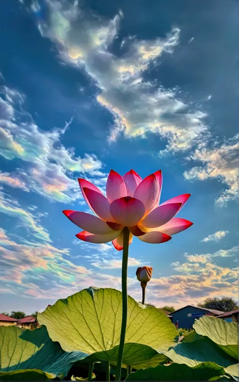 Upward Shot，A small red lotus flower is covered with water droplets，There are colorful clouds in the sky，Real photography，Picture life，Real and natural，best quality, high resolution
