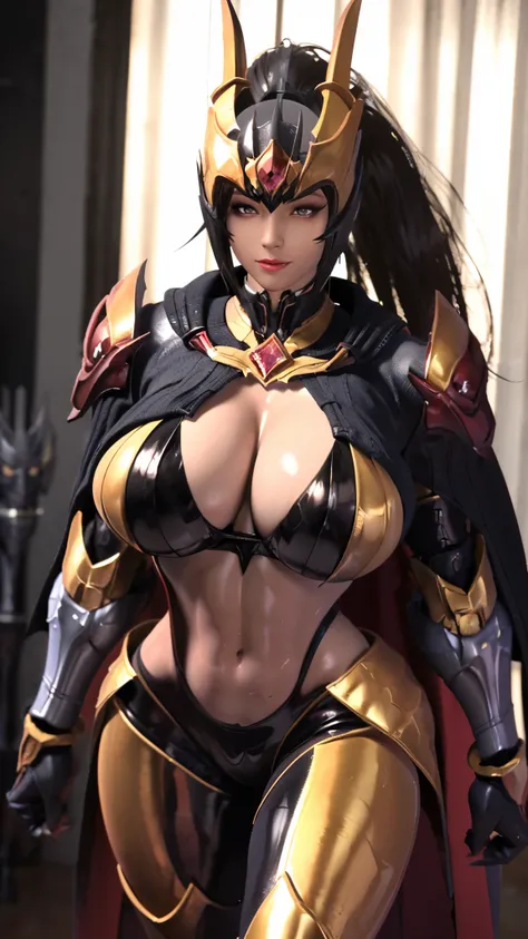 TEKKEN_REINA, CLOSE UP UPPER BODY,SOLO, COWBOY SHOT, ((EVIL DRAGON HORN MECHA HELMET,WHITE HIGHT PONYTAIL HAIR)), (GIGANTIC FAKE BREASTS,CLEAVAGE TOP,11 LINE ABS:1.5), ((WEARING OUTFIT MECHA GOLDEN CRIMSON DARK EVIL DRAGONOID ARMORED, LONG CAPE, SKINTIGHT ...