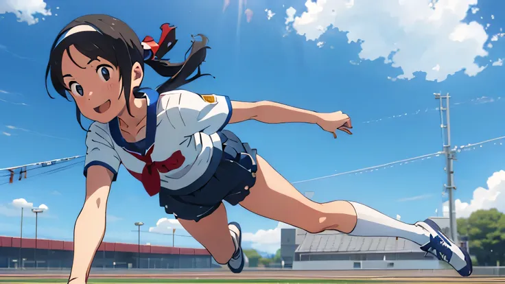 Schoolyard、blue sky、sports meeting、Japanese and American flags hanging、A high school girl wearing a headband and a plain white short-sleeved T-shirt、Wearing navy blue shorts, he jumps on the track with a smile、Hair fluttering、Upper body close-up、Draw a fac...