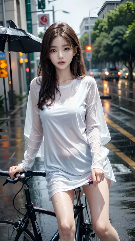 ulzzang-6500-v1.1, (RAW photo: 1.2), (Real photo), (Real photo: 1.4), 1 girl、Perfect anatomy、18 years old、Looking at the camera、Medium length hair, Wet hair in the rain, dress, is pushing the bikecycle, ((on the street, in the rain: 1.1)), (Soaked clothes:...