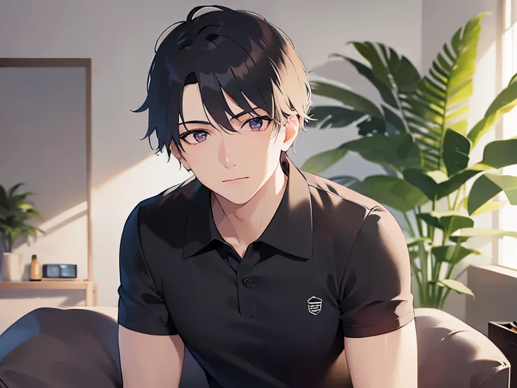 shiny skin,masterpiece,Highest quality,(27-year-old male:1.5),BREAK(Black short hair) and (Purple eyes)BREAK,(Black polo shirt:1.5),(nervous),The background is the living room,(Alone:1.5)