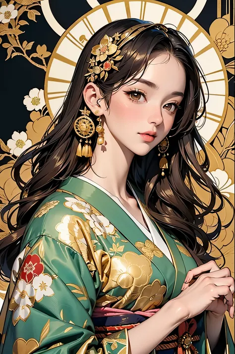 a woman in a golden kimono dress with a gold halo, japanese goddess, chie yoshii, elegant japanese woman, portrait of a beautiful geisha, intricate geisha kimono, japanese art style