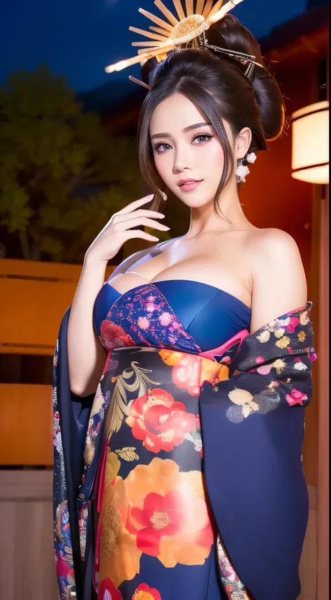 ((masterpiece(:1.4)，Highest quality，Ultra-high resolution，Highest quality，8k，Extremely detailed，In detail))。night，Fireworks display，Japanese，A beautiful woman，Big Breasts，Flashy gal makeup，Oiran，Uchikake，satin，Hare arrival，Hair tying，hairpin，hair ornaments...