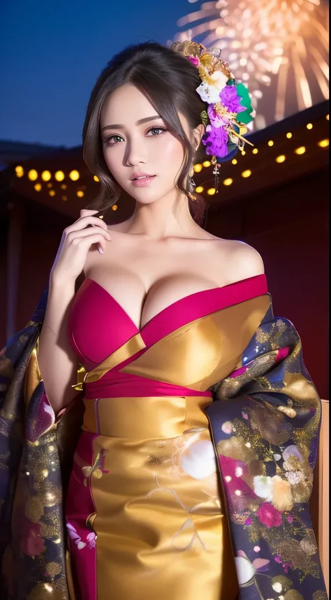 ((masterpiece(:1.4)，Highest quality，Ultra-high resolution，Highest quality，8k，Extremely detailed，In detail))。night，Fireworks display，Japanese，A beautiful woman，Big Breasts，Flashy gal makeup，Oiran，Uchikake，satin，Hare arrival，Hair tying，hairpin，hair ornaments...