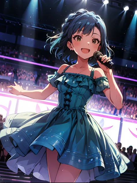 yuriko nanao (million live), 1 girl, Solo, Best Quality, masterpiece, 8K, High resolution, Ultra-detailed, madeon, cinematic angle, dynamic pose, looking at viewer, singing on the stage, sweat, smile, happy, idol costume, mint green and aqua blue dress, su...