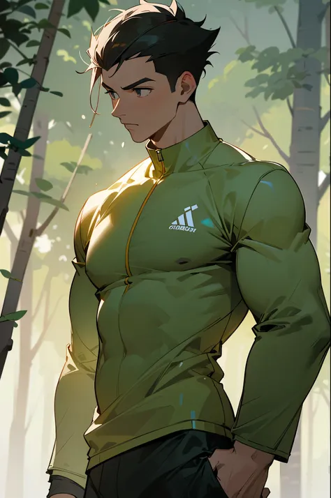 Draw a full-fledged athlete，Stand on the central field of the gym，He wears high-end sportswear，The man looks confident and determined，looking-down，Crew cut，full bodyesbian，cowboy shot, upper body, forest background