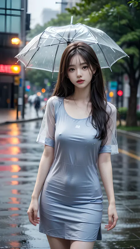 ulzzang-6500-v1.1, (RAW photo: 1.2), (Real photo), (Real photo: 1.4), 1 girl、Perfect anatomy、18 years old、Looking at the camera、Medium length hair, Wet hair in the rain, dress, ((on the street, in the rain: 1.2)), (Soaked clothes: 1.2), (Business service)、...