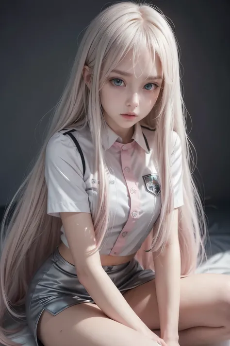 platinum hair with very light pink, very long hair almost to the knees, straight and with slightly wavy ends White skin with a slight pink on the cheeks, elbows knees knuckles and finger joints Gray eyes Woman only half body and with the my hero academy un...